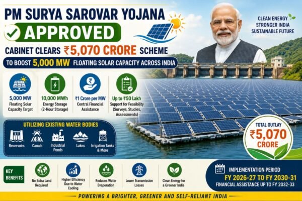 PM Surya Sarovar Yojana Approved: Cabinet Clears ₹5,070 Crore Scheme to Boost 5,000 MW Floating Solar Capacity Across India